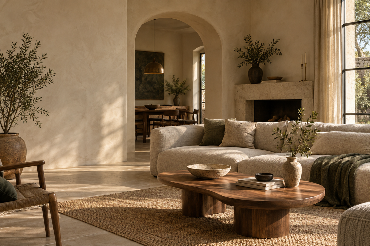 Ambiente de inspiración: salón cálido con materiales naturales y luz de tarde